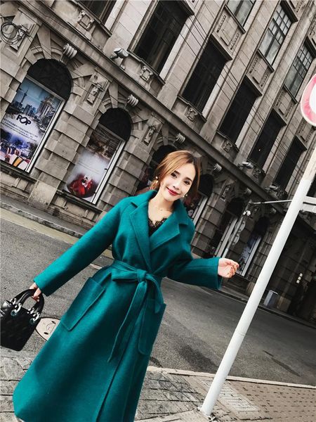 

fashion office lady long woolen winter coats belt slim solid wool coat and jacket turn-down collar ladies coats, Black