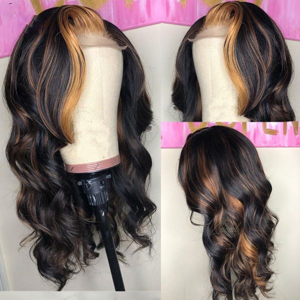 

ombre highlights color full lace human hair wigs for women pre plucked body wave brazilian remy hair with baby hair, Black;brown