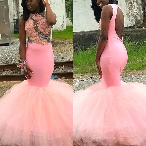 

2019 sheer neck black girls mermaid formal gowns appliques sparkling beads prom dresses backless evening gowns vestido de noche