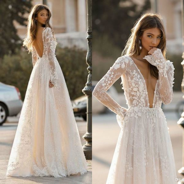 

princess berta wedding dresses long sleeves v neck lace bridal gowns applique backless beach wedding dress plus size vestidos de noiva, White