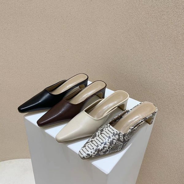 

gladiator women slippers pointed toe snake printed summer 2020 new shoes mules slip on thick mid heels slippers slides, Black