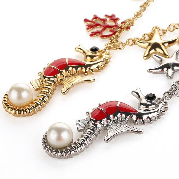 

boho white pearl bead necklace hippie beach necklace art deco jewelry seahorse pendant necklace ocean nautical shell jewelry, Silver