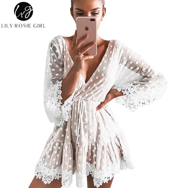 

lily rosie girl white lace dot women mini dresses summer v neck party beach mesh dress backless flare sleeve vestidos, White;black