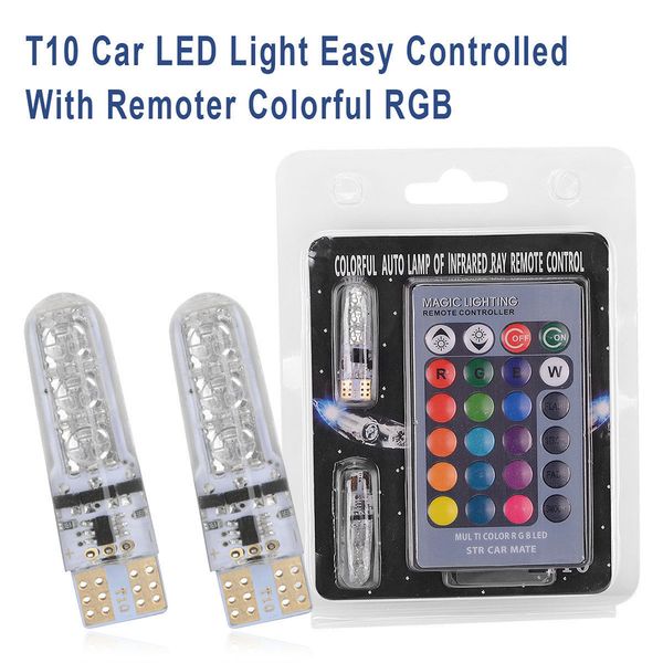 

10x colorful car light silicone rgb led 12v 6smd accessories strobe t10 license plate lamp warning with remote control wedge bulbs