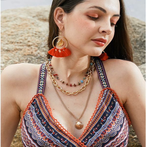 

bohemian metal shell necklace earrings set 2019 fashion ladies tassel earrings multi-layer necklace gold jewelry sets women gift, Silver