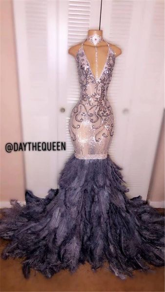 

роскошные хрустальные бисером русалка платья выпускного вечера сексуальная африканская плюс размер вечернее платье с перьями черная девушка, Black