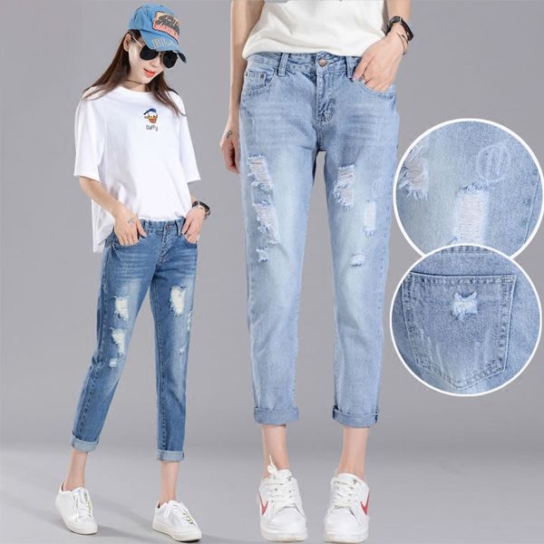 

hole-in-the-hole jeans for girls, loose korean version students, wide-legged, nine-minute pants, Blue
