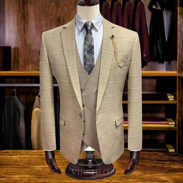 

2020 plaid men suit slim tuxedos wedding style mens suits for stage performance 3 piece blazers pants vests, White;black