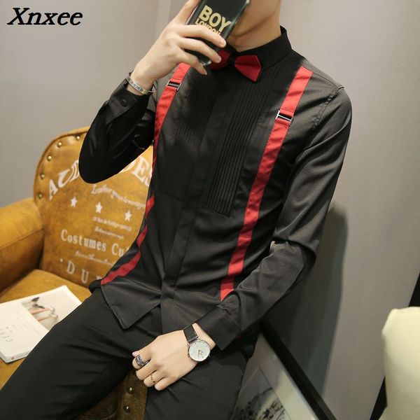 

men's dress shirts camisa masculina social slim fit british style mens black white dinner formal tuxedo shirt club outfits, White;black