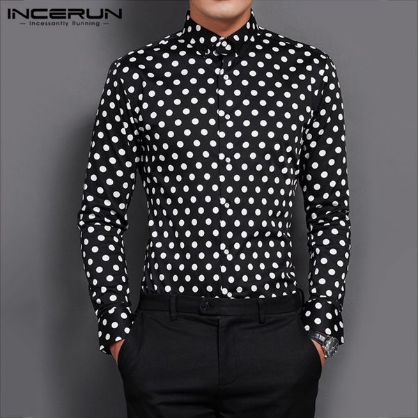 

incerun autumn polka dot shirt men long sleeve chic button lapel fashion camisa brand casual social business men's shirts 2019, White;black