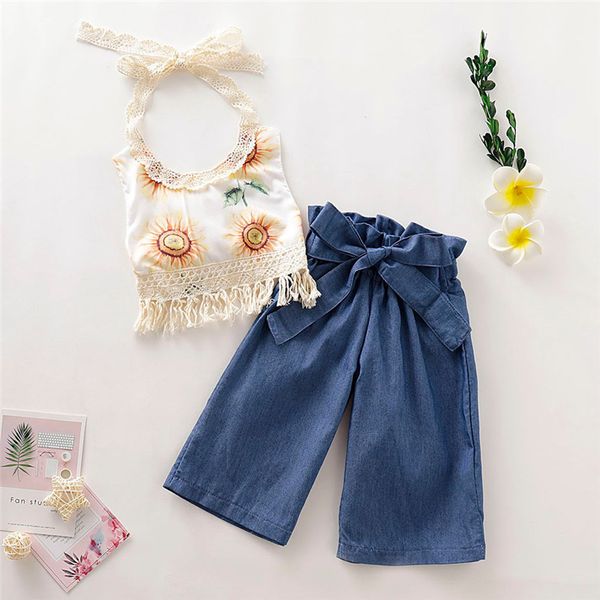 

детская летняя одежда новорожденная девочка ремень кисточкой кружева подсолнечник топы лук джинсовые брюки наряды рваные комплекты одежды на, White