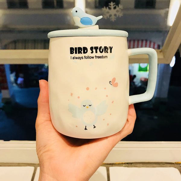 Acheter Tasses En Céramique De Café De Bureau De Tasse De Bureau De 2018 Oiseaux De Dessin Animé Avec Le Couvercle Et Le Cadeau De Noël 3d De Tasse