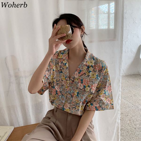 

woherb women blouse summer korean clothes loose casual vintage blusas floral single breasted streetwear cotton ladies 92486, White