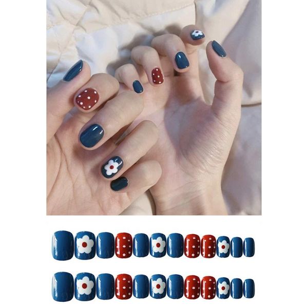 

endrrflla 24pcs artbean paste color decor flower full cover false nails tips adhesive removable nail art fake nail beauty, Red;gold