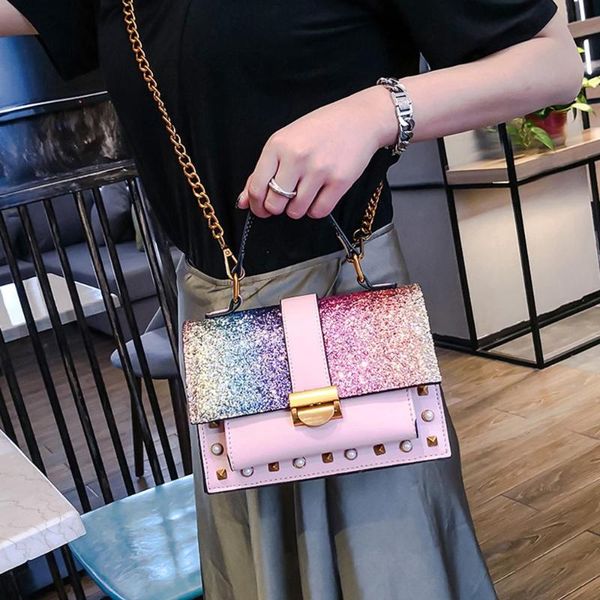 

fashion women pearl crossbody bag sequins chain leather colorful messenger bag small square flap rivet shoulder /e