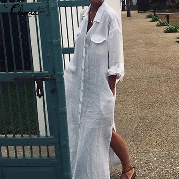 

women maxi long dress celmia 2019 summer shirt dress long sleeve high split casual loose solid buttons plus size vestidos, Black;gray