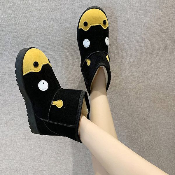 

women ankle boots woman casual cartoon winter boots platfom ladies short furry plush shoes female slip on women's suede fashion, Black