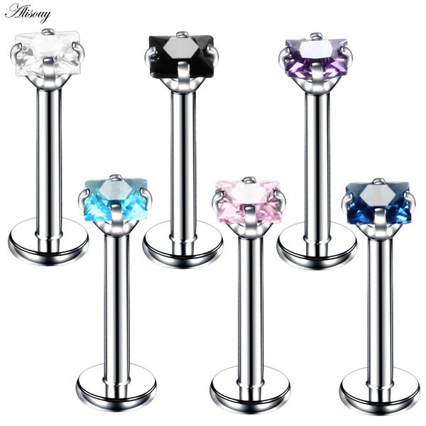 

1pc crystal steel prong labret lip bar rings zircon labret rings piercing square gem ear cartilage tragus earring helix piercing, Slivery;golden