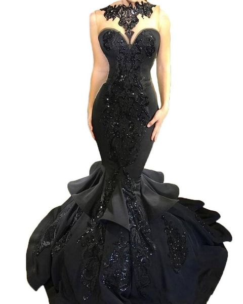 

2019 Sexy Black Prom Dresses High Neck Sequined Appliques Special Occasion Dresses Mermaid Evening Gowns Custom Made