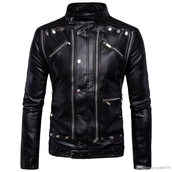 

delivery new men's motorcycle leather selling multi-zip men's leather jacket casual fashion leather jacket, Black