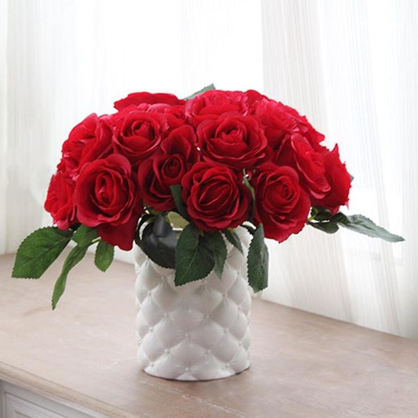 

10 heads artificial red rose flower wedding bridal bouquet real touch peony fake silk flowers valentine's day party home decor