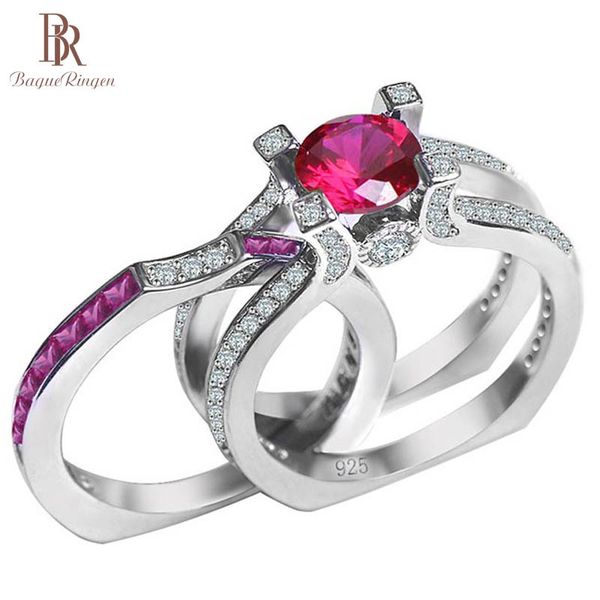 

bague ringen 100% sterling silver ring with round ruby gemstone size 5-10 anniversary gift female accessories silver jewerly, Slivery;golden
