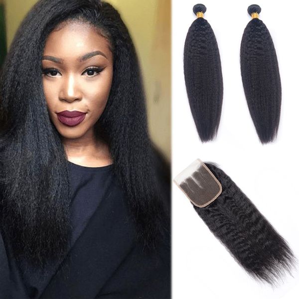 

peruvian human hair extensions two bundles with 4x4 lace closure kinky straight middle three part 2 bundles with closure natural color, Black;brown