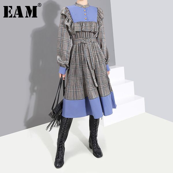 

eam] women dress plaid split ruffles temperament new round neck long sleeve loose fit fashion tide spring autumn 2019 19a-a854, Black;gray