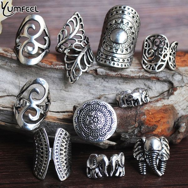 

yumfeel new vintage rings bohemian boho antique silver plated rings women jewelry gifts elephant leaf, Golden;silver