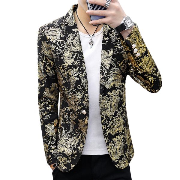 

gold blazer male floral casual slim blazers 2019 fashion party dj night club singer stage hair stylist men suit jacket 3xl, White;black