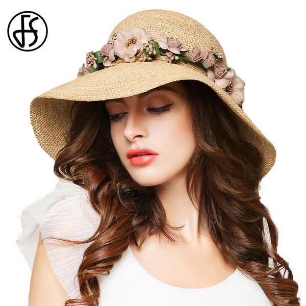 

fs raffia straw hats for women summer beach sun cap foldable large wide brim flowers strawhat with garland chapeau paille femme, Blue;gray