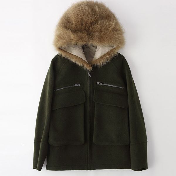 

removable lamb hair, hair cap, fur coat, woven double-faced overcoat, Black