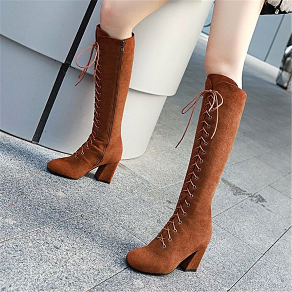 

pxelena large size 34-45 shoes women riding knight knee high boots faux suede block chunky heels motorcycle boots ladies, Black