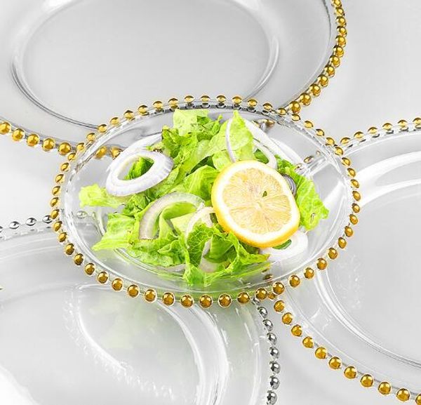 27 cm runde Perlenschalen, Glasplatte mit Gold/Silber/klarem Perlenrand, rundes Tafelservice-Tablett, Tischdekoration für Hochzeiten, GGA3206-2