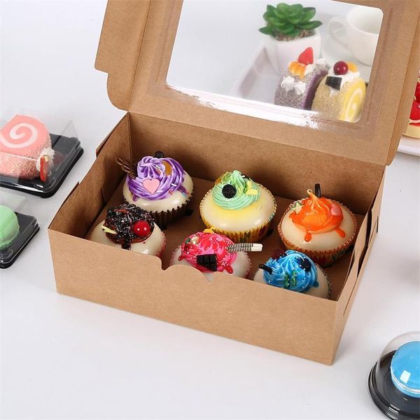 2020 Scatole per cupcake con finestra Confezione regalo in scatola di carta kraft marrone bianca per matrimonio Festival Party 6 Cup Cake Holders personalizzati