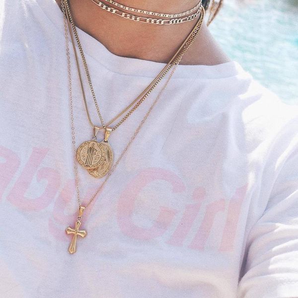 

vintage female necklace virgin mary cross pendant multilayer gold necklace set glamour lady wedding party jewelry, Silver