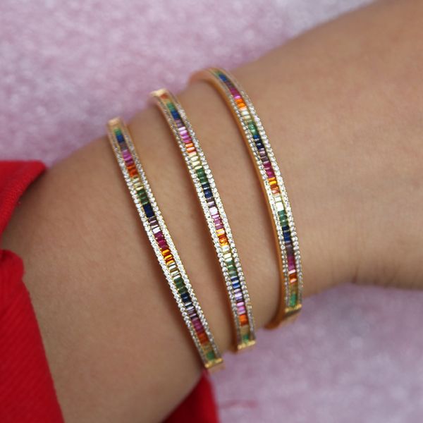 

colorful cz rainbow baguette cubic zirconia luxury hand bangle bracelet for lady women gorgeous trendy jewelry fashion, Golden;silver