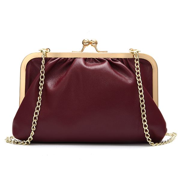 

women genuine leather kiss lock clutch handbag shoulder bag metal chain cross body bags fashion purse day evening party pouch