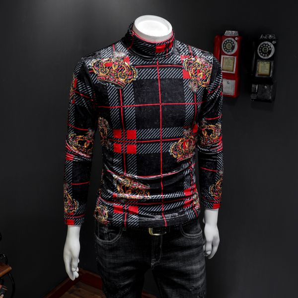 

new plus long-sleeved thick collar plus t-shirt shirt velvet 2019 men's loose size korean velvet high elastic plaid trend pslpx, Black