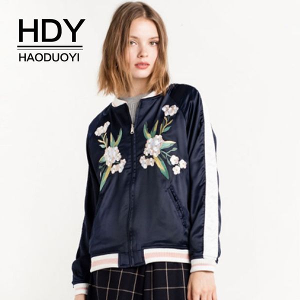 

hdy haoduoyi new fashion autumn ladies floral embroidery bomber jacket casual long sleeve spliced light weight zipper coat, Black;brown