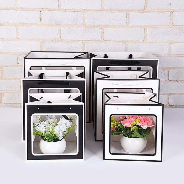 

3 size white black cardboard gift bags flower packaging bags with transparent window wedding party favor bags