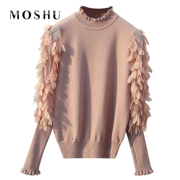 

knitted sweater women ruffled collar pullover spring autumn loose jumper fashion flowers sleeves sweater pull femme black white, White;black