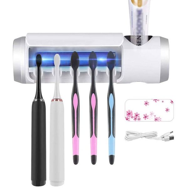 

uv toothbrush sanitizer, wall mounted uv toothbrush holder with sterilization function, build-in fan, and 5 toothpaste holder