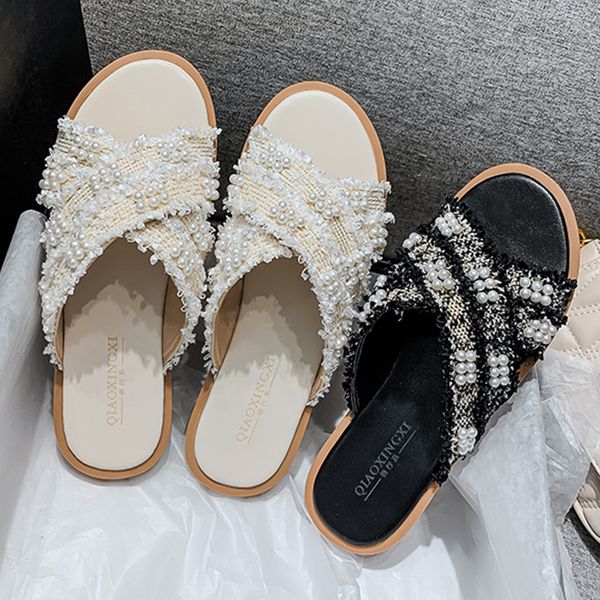 Slippers 2021 Fairy Gingham Pearl Tassel Cross Band Pano Mulheres fora Flipflops Sapatos Mulher Fringe Slip On Slides Size43