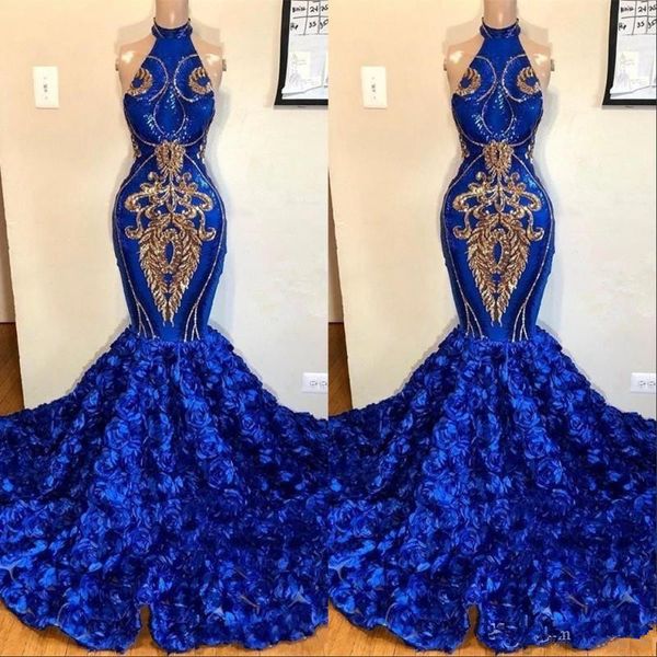 Royal Blue Mermaid Prom Dresses 2020 Rose Flowers Skirts Long