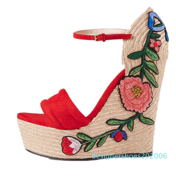 

summer embroidered suede wedge sandals open toe espadrille shoes flower applique platform sandals black red high heels