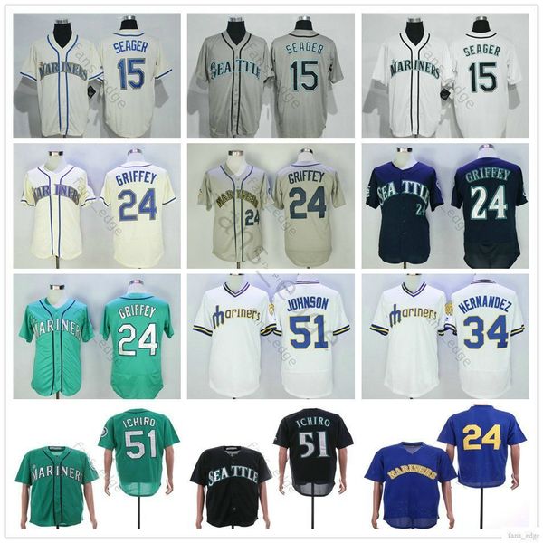 

Wholesale Stitched Seattle #51 Suzuki Mariners 15 Kyle Seager 24 Griffey Jr. 51 Randy Johnson 34 Felix Hernandez Baseball Jerseys