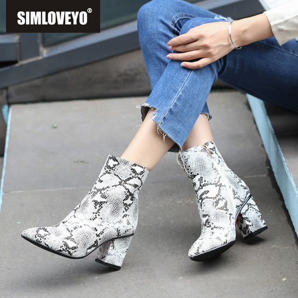 

simloveyo print snake pu ankle boots women zipper pointed toe thick high heels botte party shoes footwear botas mujer 2019 c869b, Black