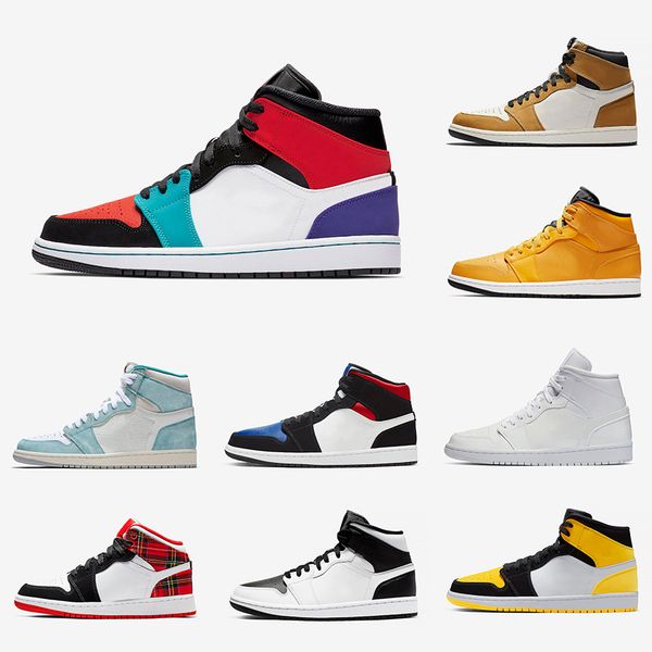 

Bred Black Grey 1 Yellow Toe 1s Men Basketball Shoes Obsidian Hot Punch White Plaid What The Pine Green mens Sports sneakers