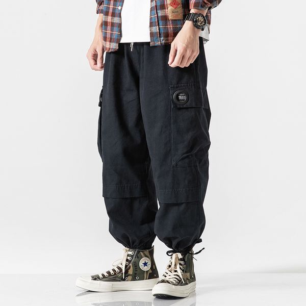 

new men cargo pants hip hop joggers fashion solid elastic waist harem trousers casual pockets mens sweatpants, Black